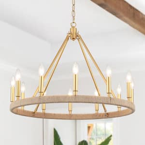 Calvin 12 Light Gold Candle Style Farmhouse Dimmable Kitchen Island Round Wagon Wheel Chandelier for Kitchen Island