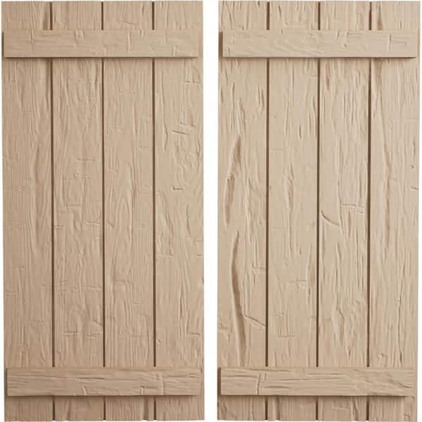 Ekena Millwork 22 in. x 26 in. Timberthane Polyurethane 4-Board Joined Board-n-Batten Hand Hewn Faux Wood Shutters Pair