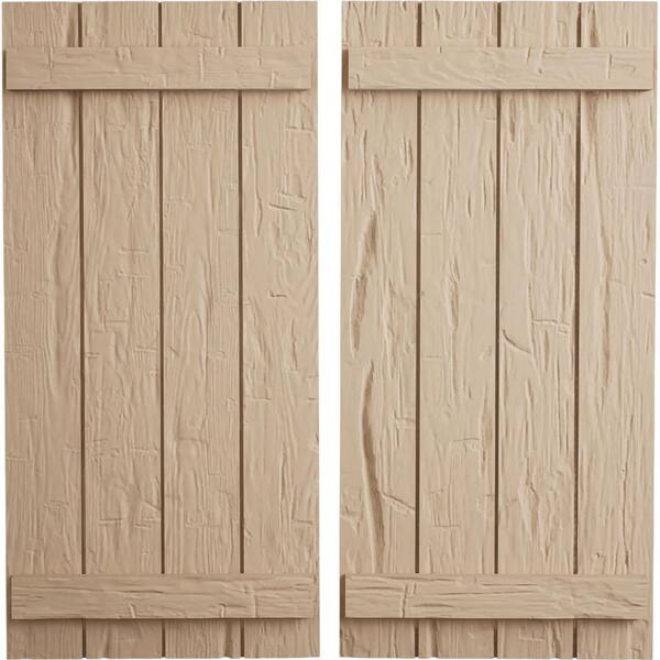 Ekena Millwork 22 in. x 30 in. Timberthane Polyurethane 4-Board Joined Board-n-Batten Hand Hewn Faux Wood Shutters Pair