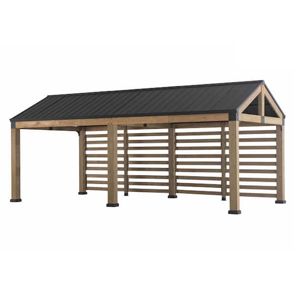 Newville 10.1 ft. x 21.6 ft. FSC Wood Carport with Privacy Wall and Rain Gutter, Cedar Pavilion with Steel Roof