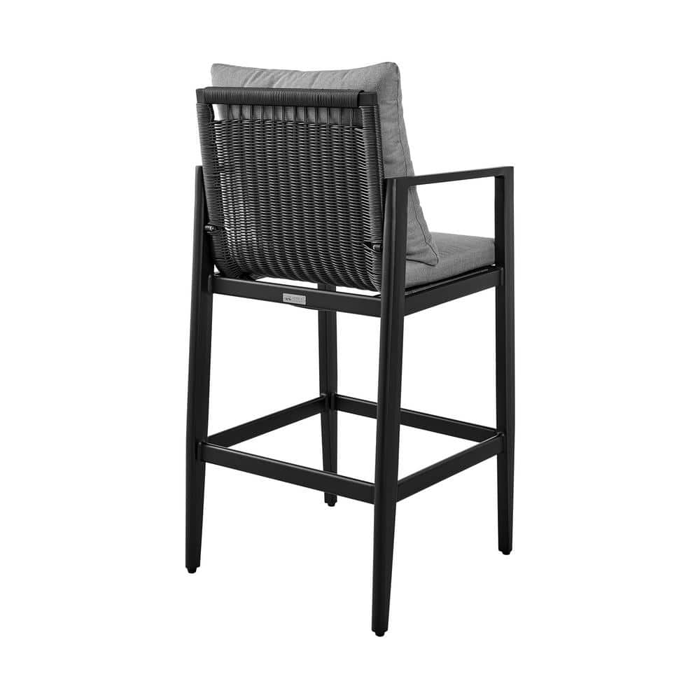 Sleek Aluminum and Rattan Outdoor Bar Stool with Dark Grey Cushions