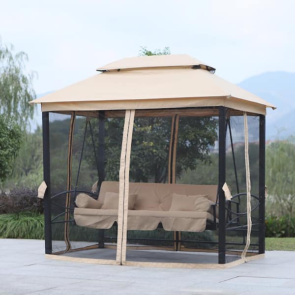 Unbranded Outdoor 3-Person Patio Gazebo Swing Chair with Metal Frame and Double Tier Canopy, Beige