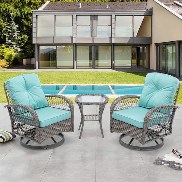 Tunearary 3-Pieces Wicker Steel Outdoor Furniture Patio Conversation Set with Blue Cushion Round Glass Table