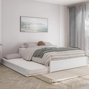 Barcelona White Solid Wood Frame Queen Panel Platform Bed with Twin XL Trundle