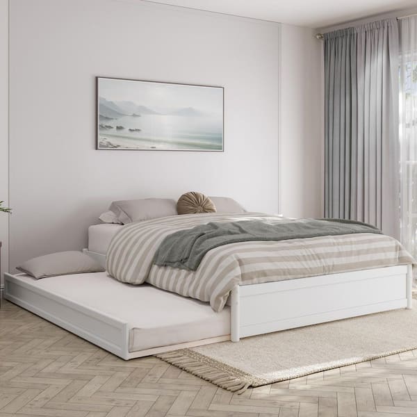 Barcelona White Solid Wood Frame Queen Panel Platform Bed with Twin XL Trundle