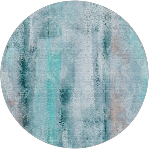 Dream Shag Premium Machine Washable Abstract ADS537 Teal 8 ft. x 8 ft. Round Rug