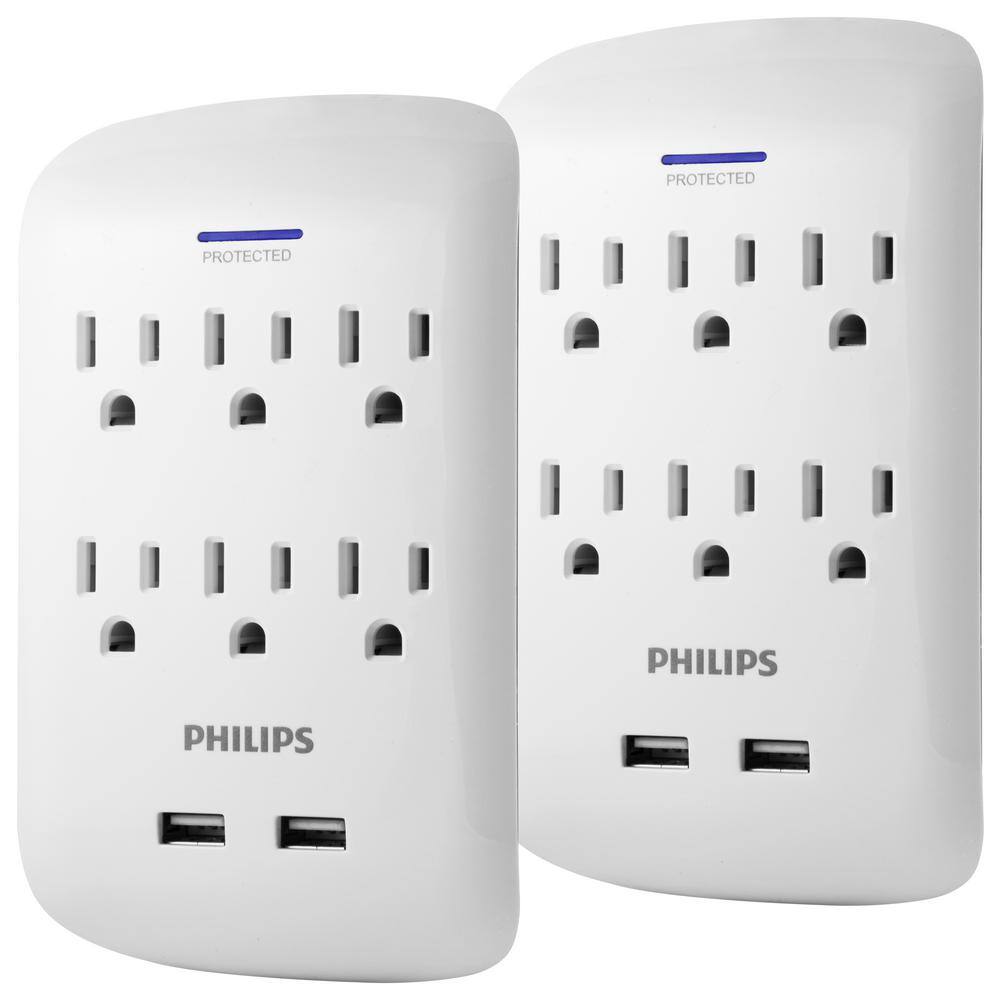 Philips 6-Outlet 900J Surge Protector with 2 USB Ports Wall Adapter Tap,  White (2-Pack) SPP6266WB/37