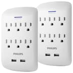 6-Outlet 900J Surge Protector with 2 USB Ports Wall Adapter Tap, White (2-Pack)