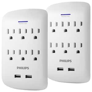 6-Outlet 900J Surge Protector Outlet Extender with 2 USB Hub, White (2-Pack)