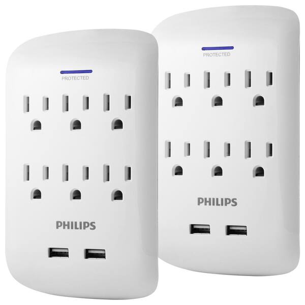 Philips 6-Outlet 900J Surge Protector Outlet Extender with 2 USB Hub, White (2-Pack)