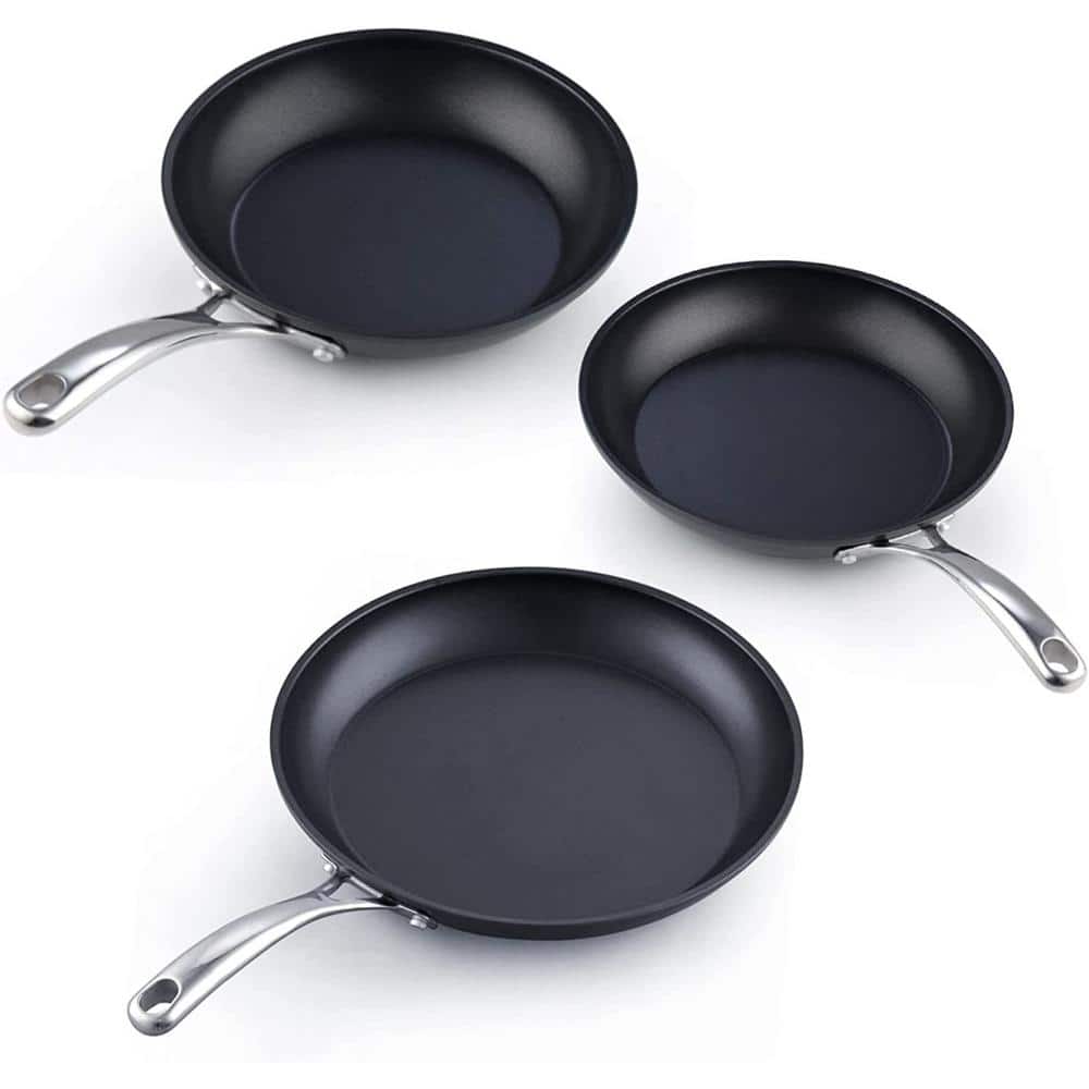 3-Piece Black Aluminum Nonstick Frying Pan Set with Stainless Steel Handles
