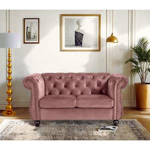 Chesterfield 62 in. Wide Rolled Arm Velvet Modern Rectangle Loveseat in Rose