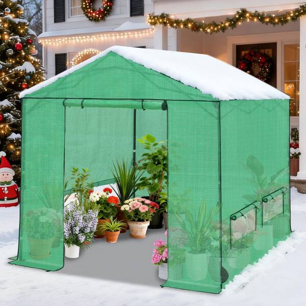 8 ft. x 8 ft. Walk-In Pop-Up Gardening Greenhouse, Portable and Foldable Greenhouse with Windows and Zipper Doors, Green