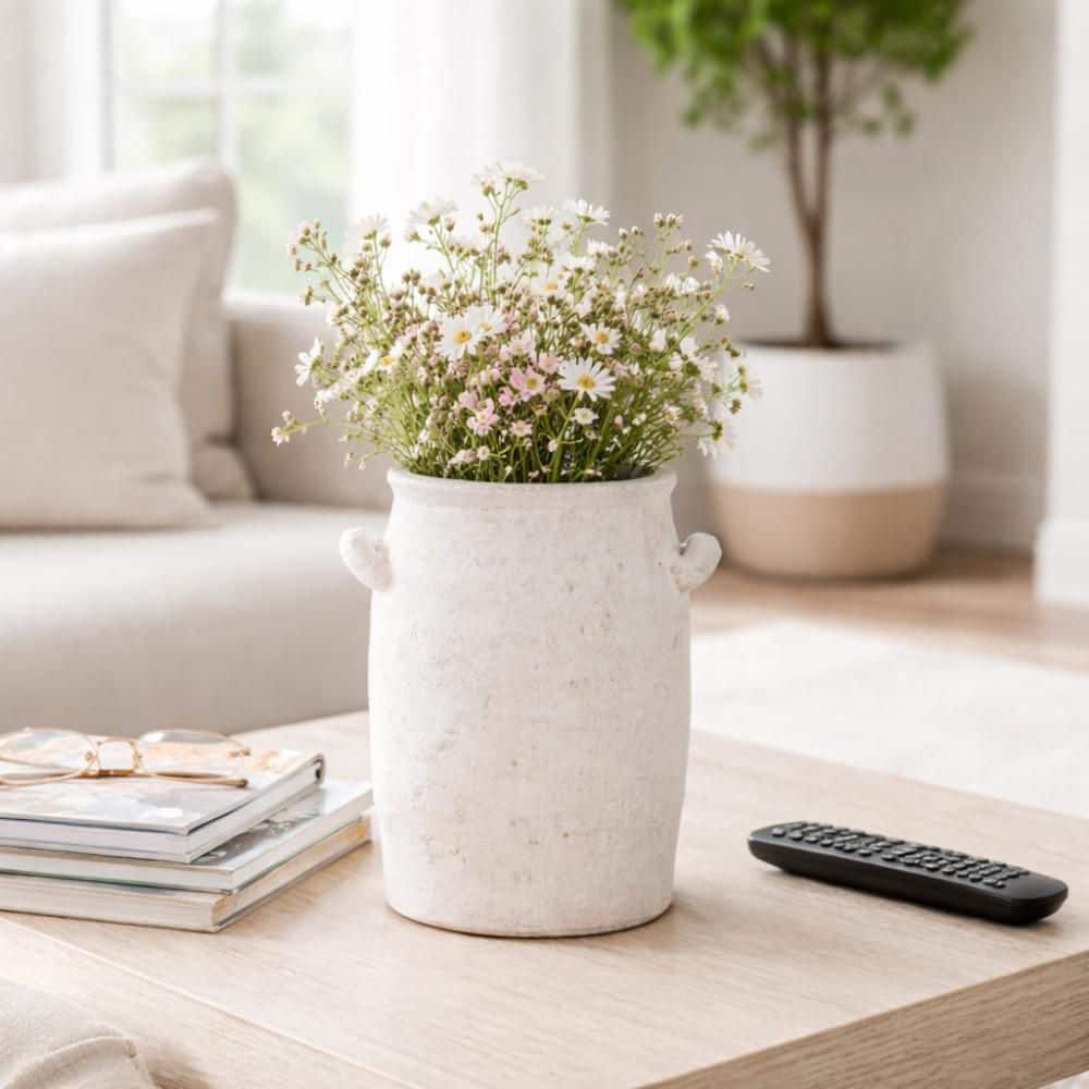 Liv & Skye 8 in. White Pottery Terracotta Amphora Handle Vase with