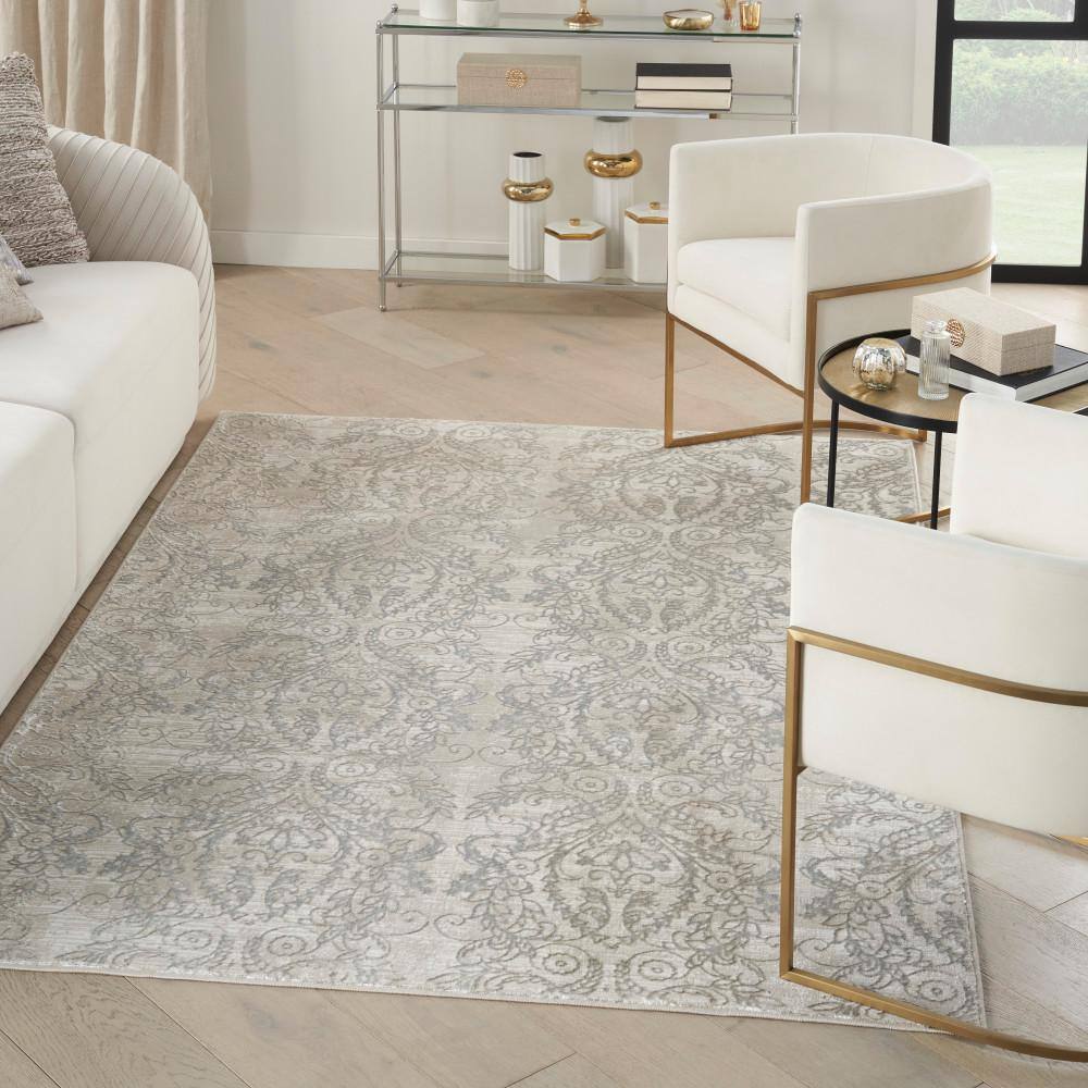 Iliana Beige Grey Synthetic Damask 9' x 12' Area Rug