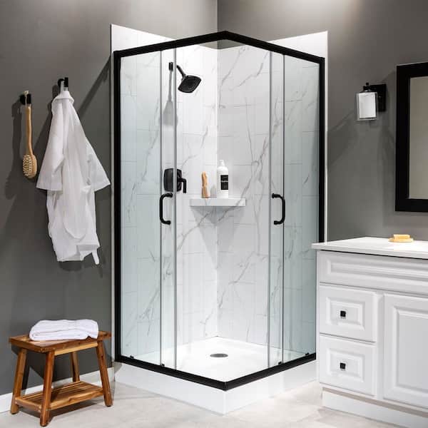 36 in. x 78 in. 2-Piece Glue-Up Corner Shower Wall, Shelf, Trim Kit in Urban Glacier