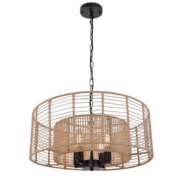 Unbranded 19.7 in. 4 - Light Dimmable Black Drum Chandelier with Double Layer Handmade Hemp Rope Lampshade