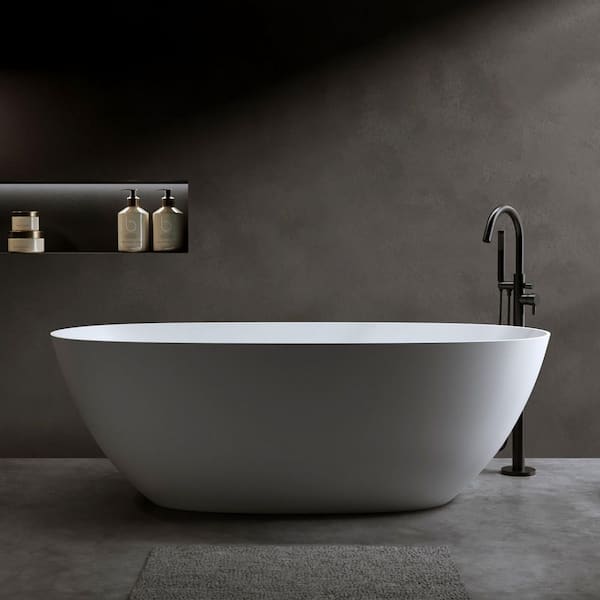 Moray 61 in. x 31 in. Solid Surface Stone Resin Flat Bottom Freestanding Thin-Edge Soaking Bathtub in Matte White