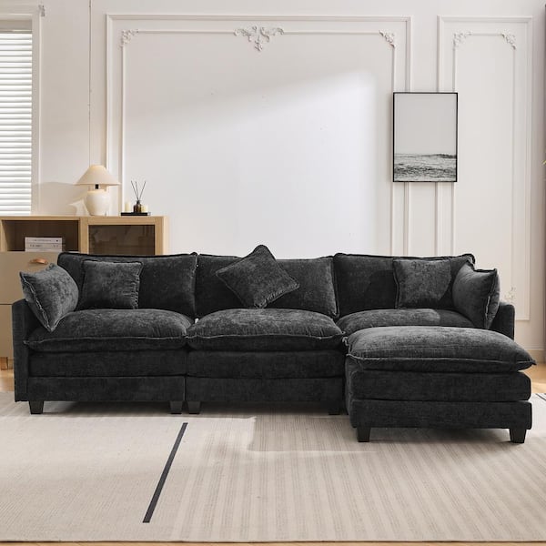 Clihome 112 in. Square Arm Chenille Upholstered Rectangle Sofa in Black with Ottoman and 5 Pillows