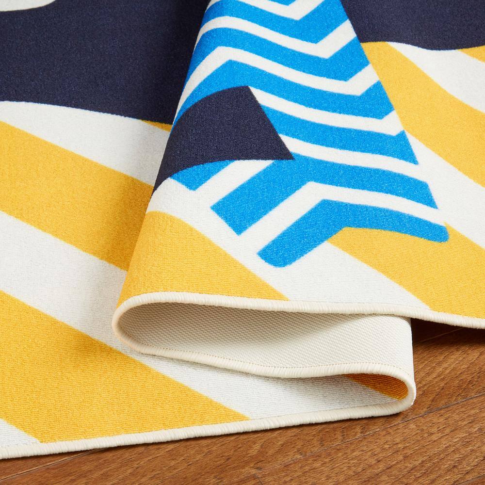 Blue and Gold Striped Kids Washable Synthetic Area Rug 4' x 6'