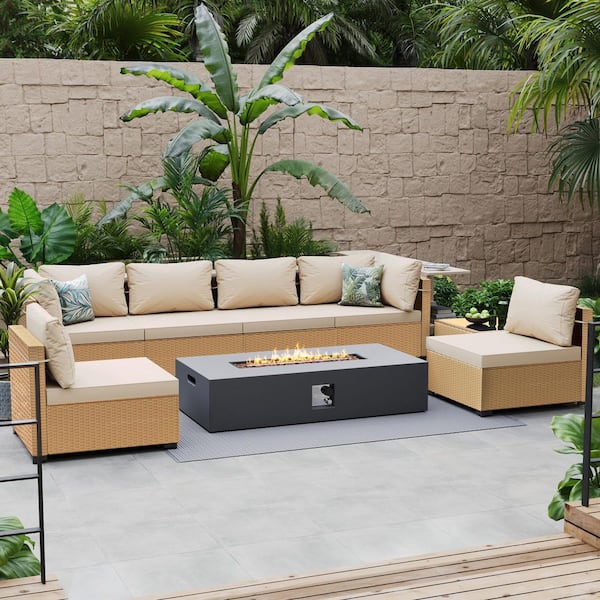 PATIOGUARDER 8-Piece Rattan Patio Conversation Set with Cushions and 56 in. Outdoor Rectangle Fire Pit Table, Beige Cushions
