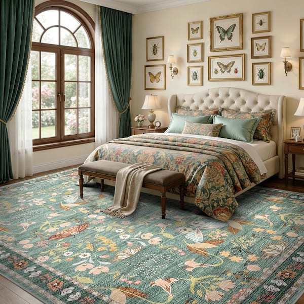 Light Green 9 ft. x 12 ft. Butterfly and Floral Washable Low Pile, Non-Slip Stain Resistant, Indoor,Living Room Area Rug