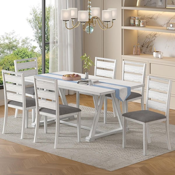 Farmhouse Dining Table Set for 6,7-Piece Solid Wood Table and Chairs with Cushions, Vintage Gray Table and Trestle Base