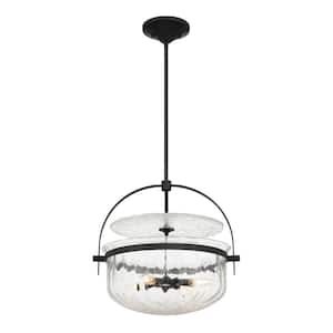 Denmar 18 in. W x 19 in. H 4-Light Matte Black Convertible Semi-Flush or Pendant Light with Crackled Glass Shade