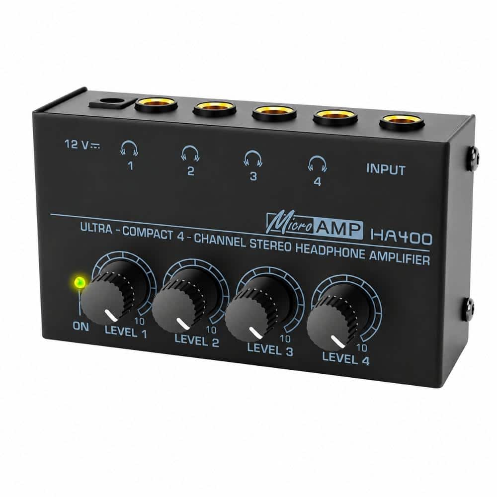 Four Channel Metal Stereo Audio Mixer with 1 4 Inch TRS Input and Headphones Output in Black 4 Pack