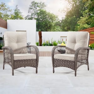 Brown Frame Rattan Wicker Outdoor Dining Chair, with Beige Cushion, Patio Armchair, for Garden Porch and Deck, Set of 2
