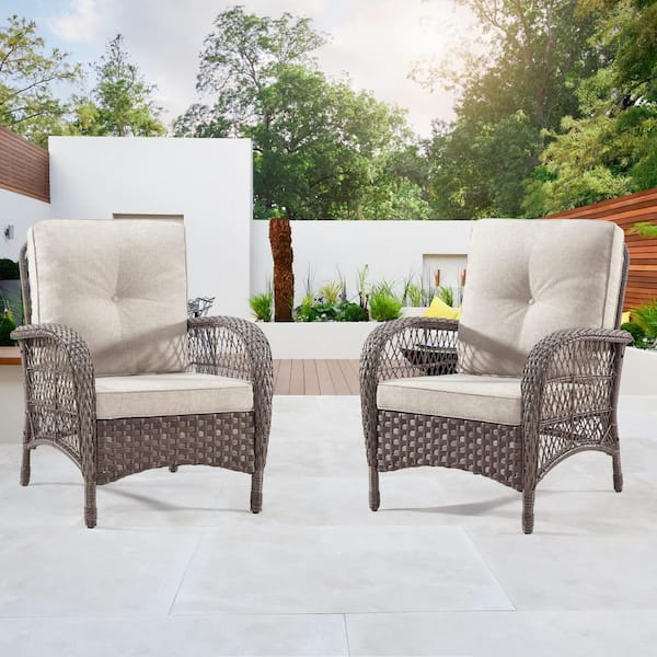 Unbranded Brown Frame Rattan Wicker Outdoor Dining Chair, with Beige Cushion, Patio Armchair, for Garden Porch and Deck, Set of 2