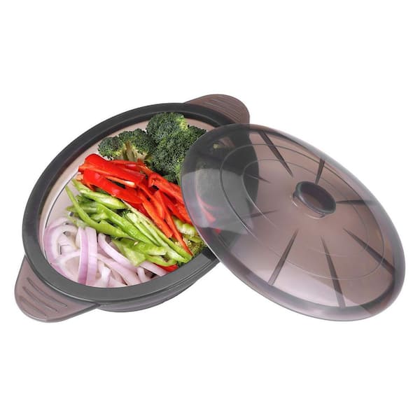 Numhew Collapsible Black Silicon Microwave Steamer Cookware with Handle Lid Removable Rack