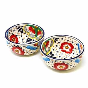 5.5 in. Red and Blue Dots and Flowers Traditional Handmade Mexican Pottery Bowls (Set of 2)