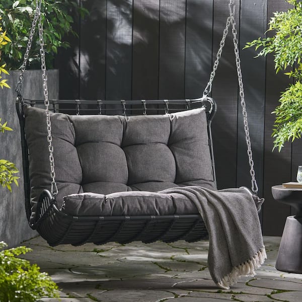 Noble House Hurlbut 2 Person Gray Wicker Porch Swing with Dark