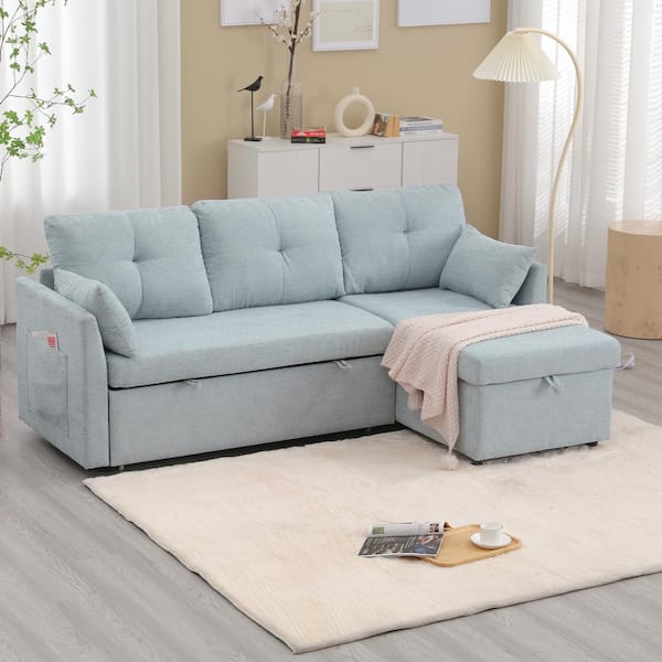 HOMEFUN 81 in. Square Arm 3-Piece Chenille Upholstered L-Shaped Pull-Out Sectional Sofa Bed in Mint Green with Storage Chaise