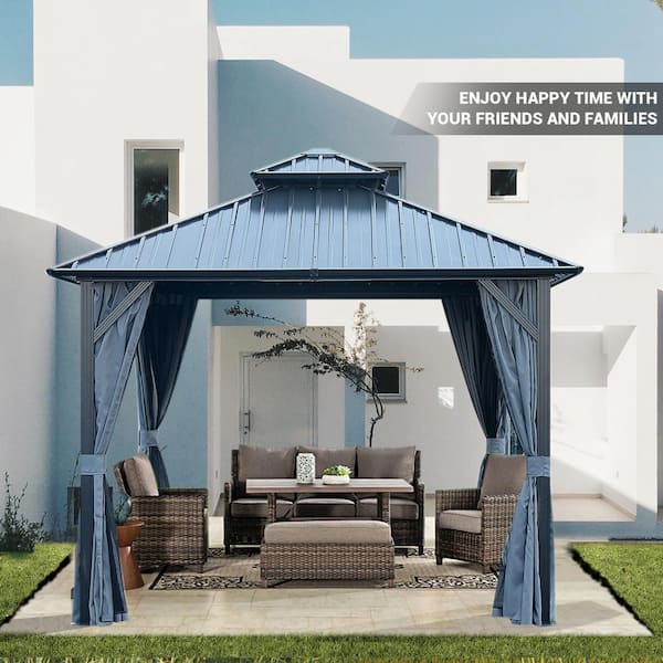 JimsMaison 10 ft. x 10 ft. Outdoor Gray Aluminum Hardtop Gazebo with Double Roof with Curtain and Netting