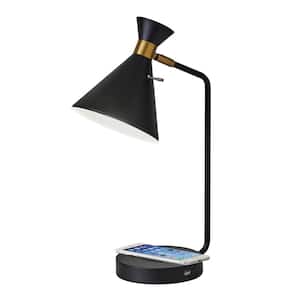 Maxine 19 in. Matte Black w. Antique Brass Accents Desk Lamp with Qi Wireless Charging