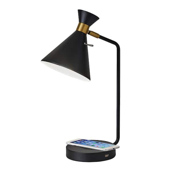 Adesso Maxine 19 in. Matte Black w. Antique Brass Accents Desk Lamp with Qi Wireless Charging