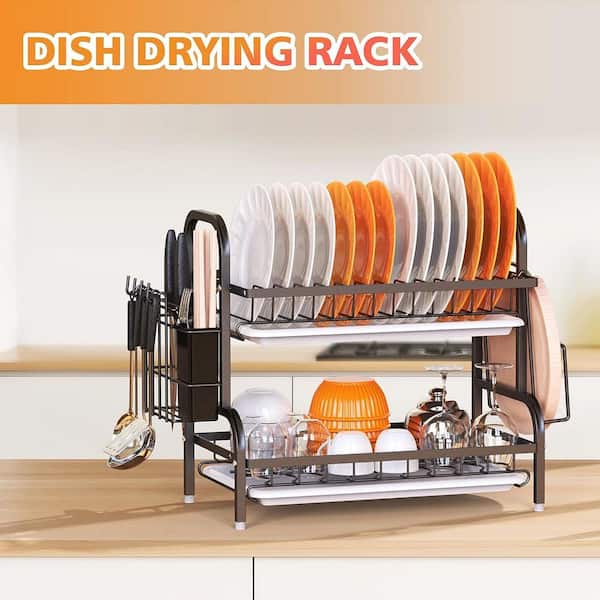 Dish Drying Rack for Kitchen Counter - Veckle 2 Tier Small Dish Racks for Plates and Bowls Sets Rust-Resistant Dinnerware Drainer with Drainboard Tray