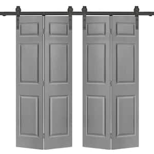 48 in. x 84 in. 6-Panel Light Gray Painted MDF Hollow Core Composite Double Bi-Fold Barn Doors with Sliding Hardware Kit