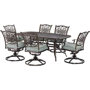 Renditions 7-Piece Aluminum Outdoor Dining Set with Sunbrella Mist Blue Cushions, 6 Swivel Rockers and 38x72 in. Table
