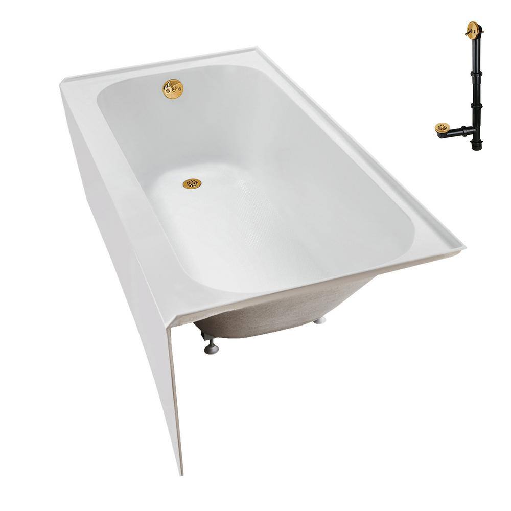 Glossy White Acrylic Alcove Bathtub with Brushed Gold Trim