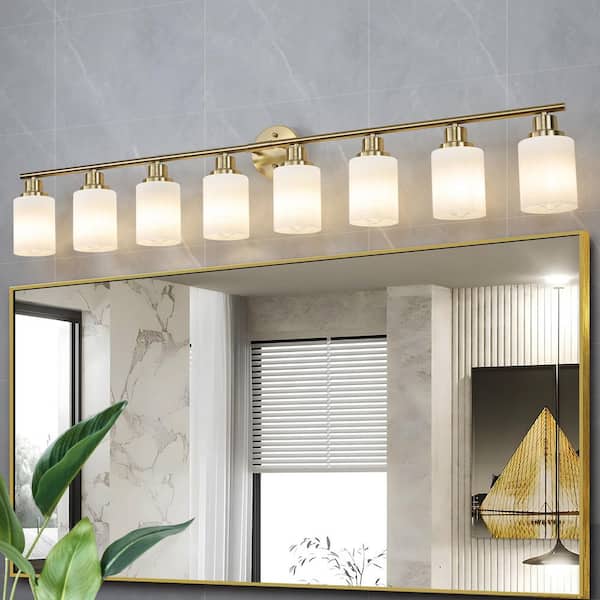 Modern 52 in. 8-Light Matte Black Vanity Light with White Frosted Glass Shade, Bathroom Wall Lamp Sconces