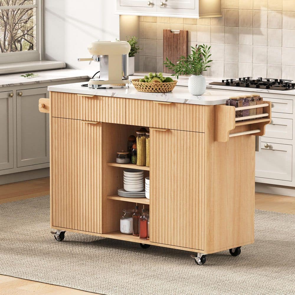 Seafuloy Natural MDF Wood 52 in. Fluted Kitchen Island Cart with