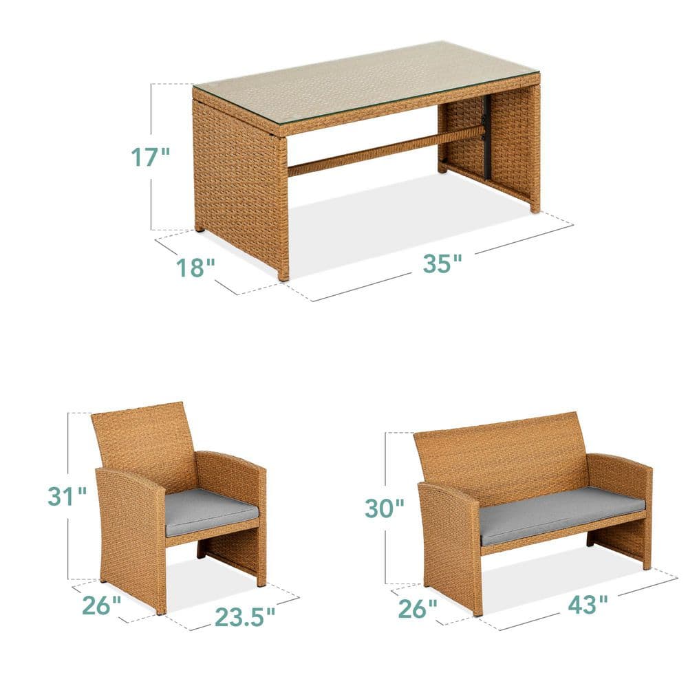 Natural Wicker 4-Piece Patio Conversation Set with Cement Gray Cushions
