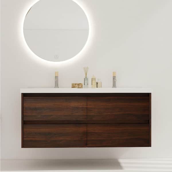 48 in. Double Sink Floating Walnut Bath Vanity with White Resin Top, 4 Soft Close Drawers, Hidden handles