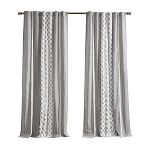 Imani Gray 50 in. W x 84 in. L Cotton Printed Window Curtain with Chenille Stripe and Lining