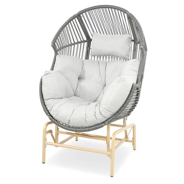 DarkGray Wicker Egg Chair Patio Glider, Backyard Living Room Indoor/Outdoor Chaise Lounge with LightGray Cushions