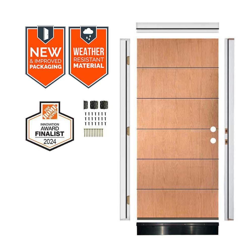 DIY Modern 36 in. x 79 in. Left-Hand 6-Grid Solid Panel Teak Stain Fiberglass Front Door Kit w/ Quick Assemble Jamb price history on PriceWatchPro