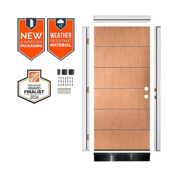 DIY Modern 36 in. x 79 in. Left-Hand 6-Grid Solid Panel Teak Stain Fiberglass Front Door Kit w/ Quick Assemble Jamb